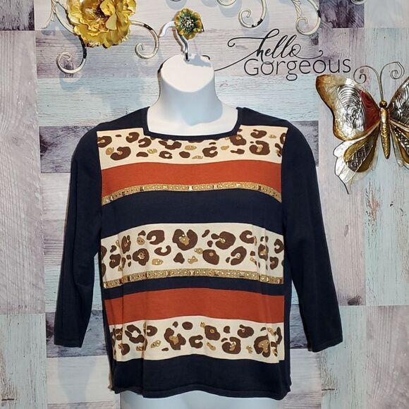 Alfred Dunner Animal Print Stripe Popover Knit LS Blouse Sz L - Picture 1 of 6